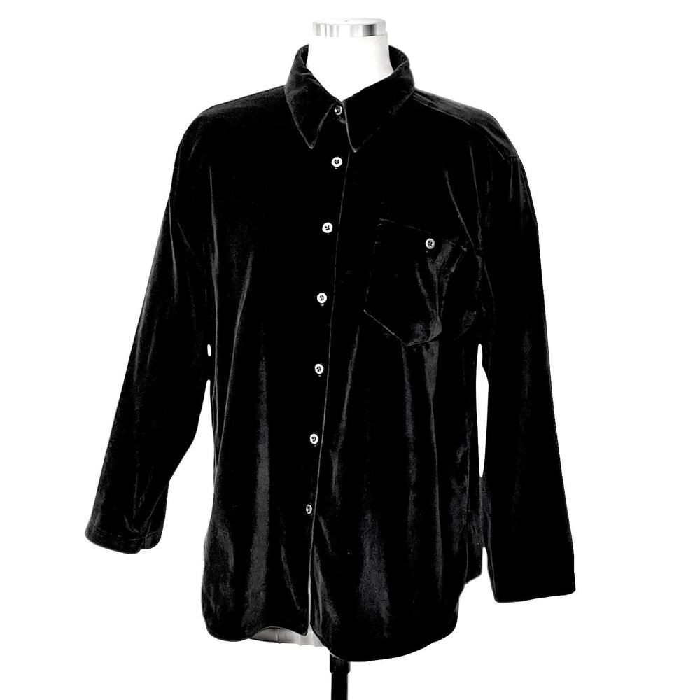 Erika And Company Shirt Womens Large Black Cotton Velour Button Up Soft Casual